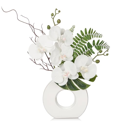 Briful Orchid Artificial Flowers in White Ceramic Vase, 16.1'' | Realistic White Silk Blooms Faux Orchid Arrangement for Bathroom Vanities Entryways Desks Shelf Home Office Decor - color: White Flowers – White Vase