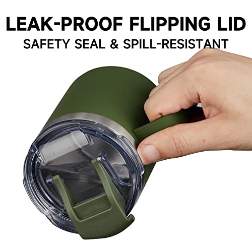 12oz Insulated Travel Coffee Mug with Handle, Army Green | Stainless Steel Coffee Tumbler with Lid, Double Wall Vacuum Thermal Cup for Camping - color: Fliping Lid: Army Green, size: 1 Count (Pack of 1)