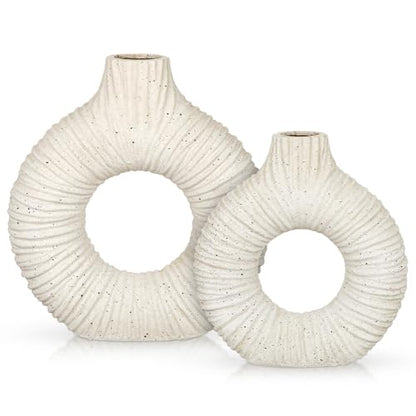 White Donut Vase with Stripes Texture, Modern Abstract Ceramic Vase for Flowers, Clay Pottery with Natural Speckles for Home Living Room Mantel Shelf & Office Table Decor, Boho Style & Set of 2 - style: Long-Neck