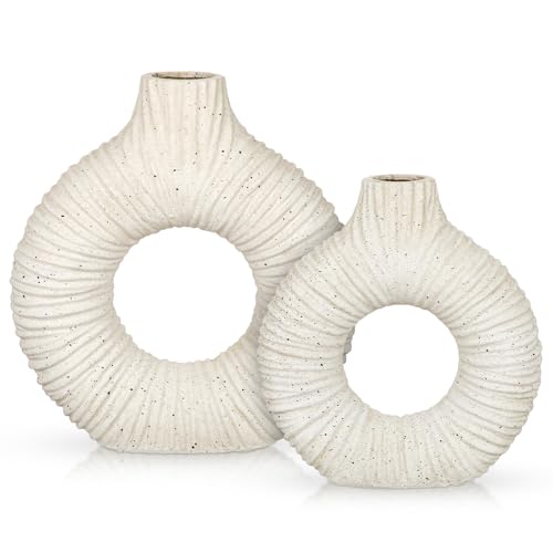 White Donut Vase with Stripes Texture, Modern Abstract Ceramic Vase for Flowers, Clay Pottery with Natural Speckles for Home Living Room Mantel Shelf & Office Table Decor, Boho Style & Set of 2 - style: Long-Neck