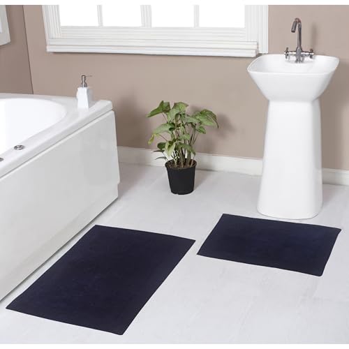 Home Weavers Luxury Collection 100% Cotton Reversible Bathroom Rugs Set, Washable Rug, Soft Cotton Extra Soft and Absorbent Bath Rug, Kitchen Mat, 2 Piece Set(S+M), Navy - color: Navy, size: 2 Piece Set(S+M)