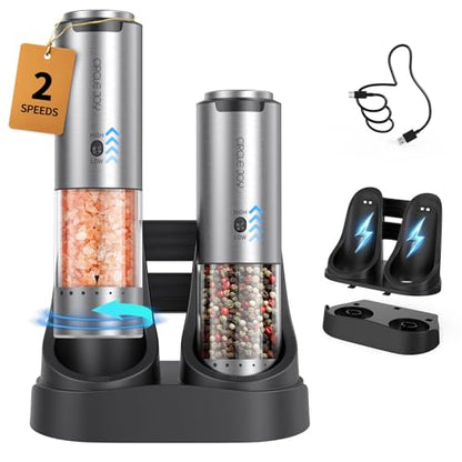 CIRCLE JOY Rechargeable Salt and Pepper Grinder Set Stainless Steel Electric Pepper Grinders with Variable Grinding Speed, External Adjustable Coarseness, Charging Base and White LED Light, Silver - color: 2-Speed Rechargeable Set with Charging Base