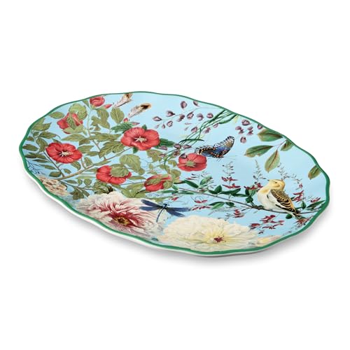 Flora Ceramic Oval Platter – 14" x 10" Large Decorative Serving Dish with Pastel Floral, Butterfly, and Bird Patterns, Perfect for Appetizers, Charcuterie, and Dessert