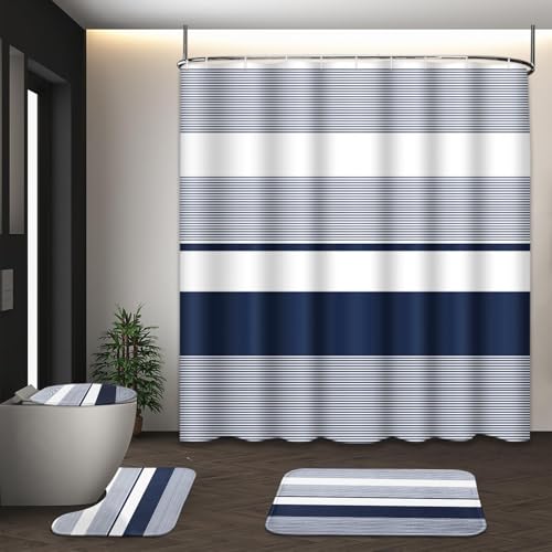 Bathroom Sets with Shower Curtain and Rug 4 Pcs Abstract Navy Blue | Striped Lines Modern Bathroom Decor Set with Toilet Lid Cover, Non-Slip Bath Mats and Accessories 12 Hooks - color: Stripes Navy Blue