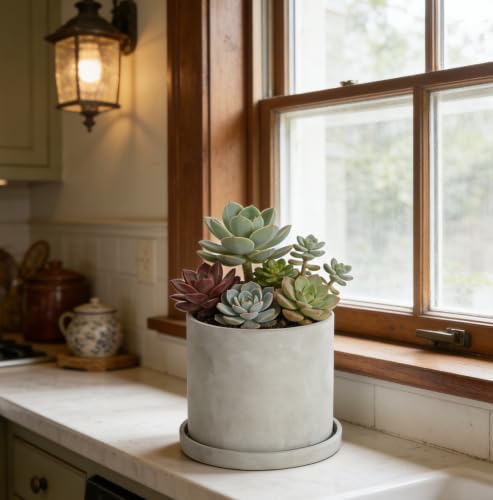 Ekirlin 6.7 Inch Indoor Plant Pot, Natural Grey Cement Standing Planters with Drain Hole & Saucer Tray, Modern Succulents Containers, Flower Pots for Home Decor, Outdoor & Garden Plants - size: 6.7 inch