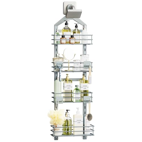 Orimade 4 Tier Adjustable Anti-slip Shower Caddy over Shower Head,Rustproof Bathroom Hanging shower Organizer with 4 Hooks for Razor,No Drilling Shower shelves Storage Rack, Light Grey - color: Light Grey - 4 Tier