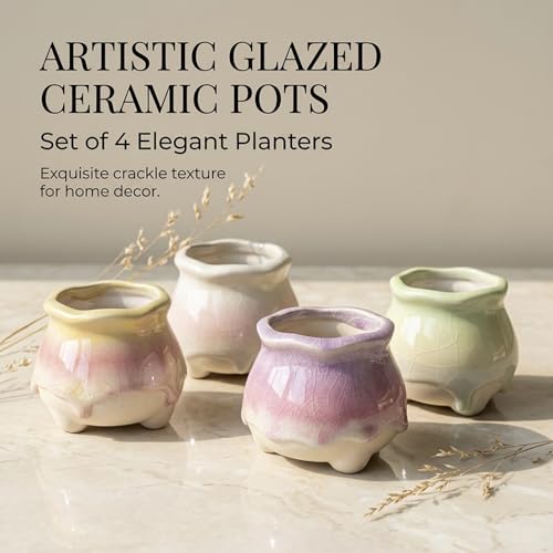 Ceramic Succulent Planters with Crackle Glaze, Gradient Color Small Flower Pots for Cacti and Plants, 3.23in Diameter x 2.8in Height, 4 Pack