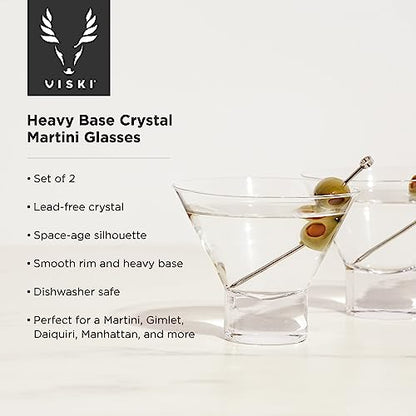 Viski Heavy Base Stemless Martini Glasses Set of 2, Crystal Cocktail Glasses for Vodka or Espresso Martini, Home Bar Glassware, Birthday Gifts for Women, Retirement Gifts for Men, 7.5 oz - style: Stemless Martini Glass