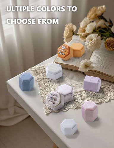 MFXIP Velvet 3 Slots Jewelry Ring Box Engagement Wedding Box Keepsake Box Bridal Photo Ring Triple Slots Hexagon - color: Light Pink
