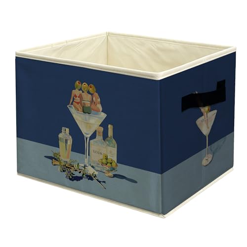 Blue Vintage Bar Storage Basket Bin with Handles, Whimsical Dirty Martini Collapsible Fabric Storage Organizer for Home Bar Cart Pub Lounge, Gifts for Cocktail Lovers - color: colour 19