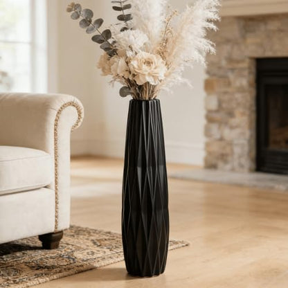 Black Tall Ceramic Floor Vase, 24 Inch, Ribbed Design | Matte Finish, Living Room, Fireplace, Entryway, Pampas Grass - size: 24 Inch