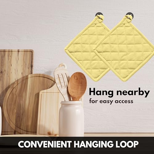 Oven Mitt (7"x13") & Pot Holder (8"x8") 100% Cotton Set of Heat Resistant Oven Gloves & Hot Pads for Gifts, BBQ, Cooking, Baking, Thanksgiving - Pale Yellow - color: Pale Yellow