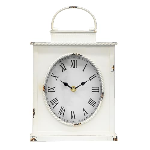 Vintage Mantel Clock, Large Rustic Distressed Metal Table Clock with Handle, Silent Non-Ticking Quartz Movement, Whitewashed Fireplace Shelf Desk Clock for Living Room Bedroom Office - style: White Clock