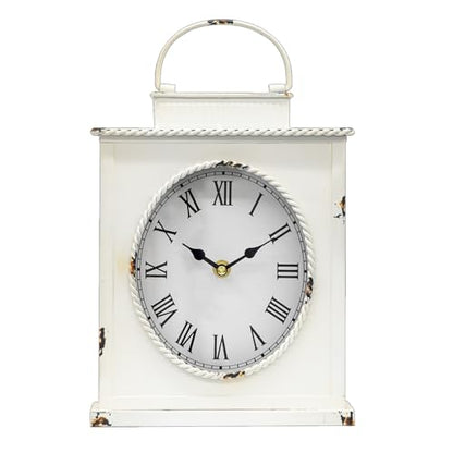 Vintage Mantel Clock, Large Rustic Distressed Metal Table Clock with Handle, Silent Non-Ticking Quartz Movement, Whitewashed Fireplace Shelf Desk Clock for Living Room Bedroom Office - style: White Clock