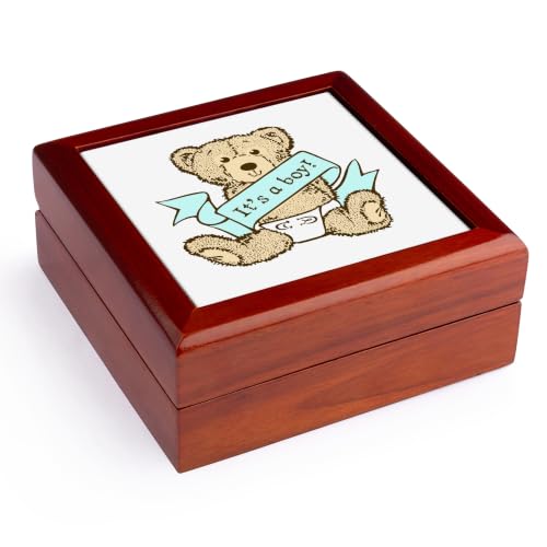 3dRose Baby Boy Teddy Bear Illustration Jewelry Box 7 x 7 inch with 4 inch tile