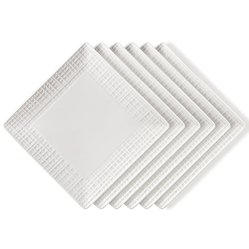 Square Dinner Plates, Set of 6, 6 Inch White Ceramic, Embossed Crisscross, Safe for Dishwasher, Microwave and Oven - color: 6 inch-White- Crisscross-6pcs