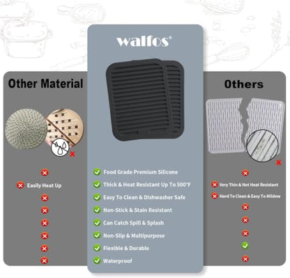 Walfos Silicone Trivets for Hot Pots and Pans - Heat Resistant Hot Pads for Kitchen Counter- Multi-Purpose & Versatile Trivet Mat - Long-Lasting & Flexible Silicone Hot Pad - style: 9x12in, 2 Black Rectangle