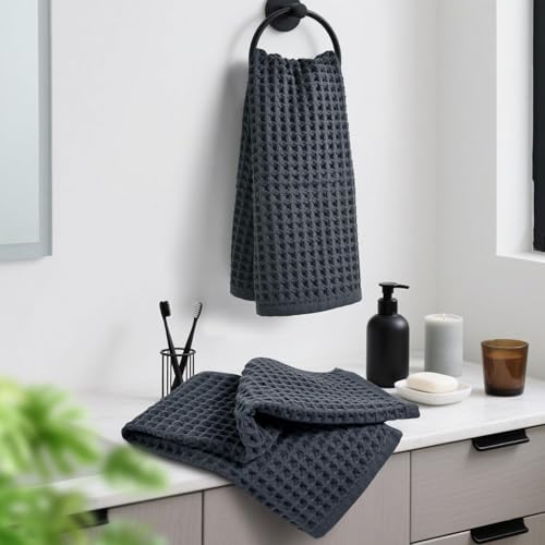 Jacquotha Waffle Hand Towels for Bathroom 2-Piece (Charcoal Blue) | Cotton Quick Dry Lint Free Face Towels 13” x 29” - color: Charcoal Blue