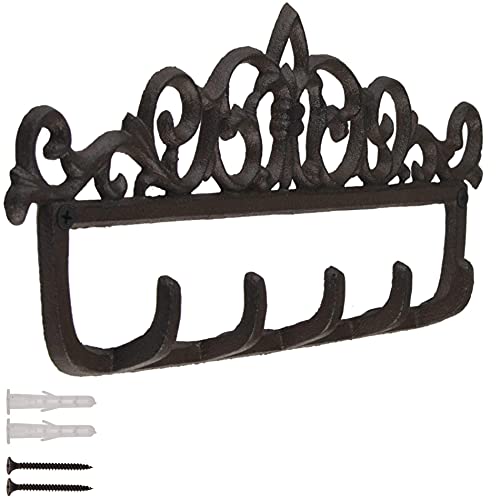 GASARÉ, Key Holder for Wall Mount, Cast Iron Key Hook, Victorian Design, Screws and Anchors, Large Size of 12½ x 5¼ Inches, Brown, 1 Unit