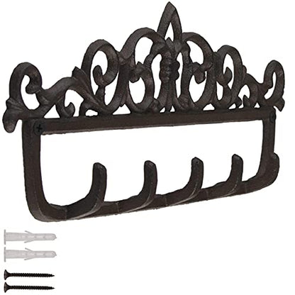 GASARÉ, Key Holder for Wall Mount, Cast Iron Key Hook, Victorian Design, Screws and Anchors, Large Size of 12½ x 5¼ Inches, Brown, 1 Unit