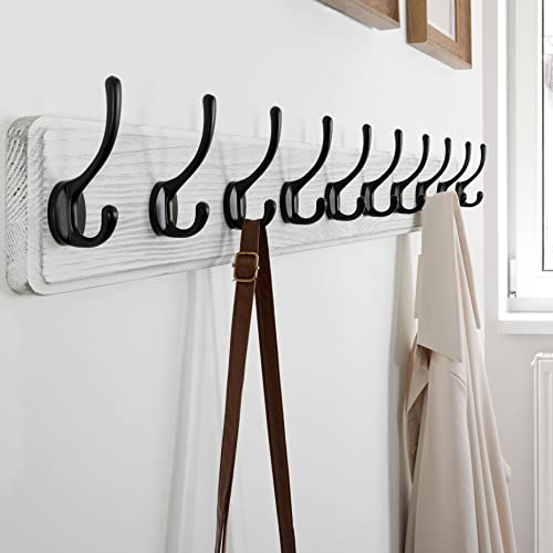 SKOLOO Rustic Wall Mounted Coat Rack, Case of 2, Pine Solid Wood Coat Hook Hanger - 10 Hooks for Hanging Clothes Robes Towels Coats - color: White Plate & Black Hook, size: 2 Item-10 Hooks