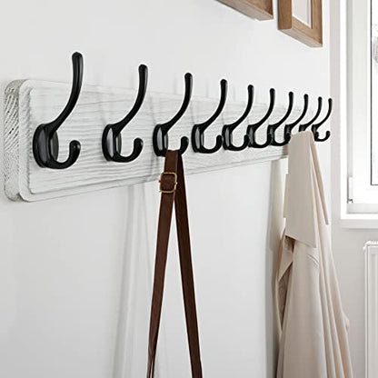 SKOLOO Rustic Wall Mounted Coat Rack, Case of 2, Pine Solid Wood Coat Hook Hanger - 10 Hooks for Hanging Clothes Robes Towels Coats - color: White Plate & Black Hook, size: 2 Item-10 Hooks