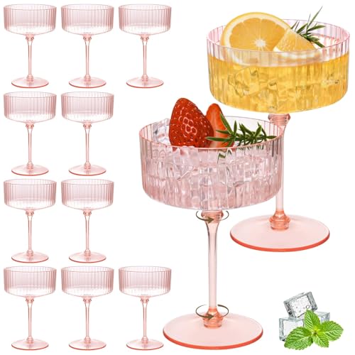 Set of 12 Plastic Martini Glasses, 10 oz Ribbed Coupe Glasses for Cocktails and Martinis, Disposable Espresso Martini Glasses. Ideal for Parties, Weddings, and Home Bars, Crystal Vintage Cups (Pink) - color: Pink