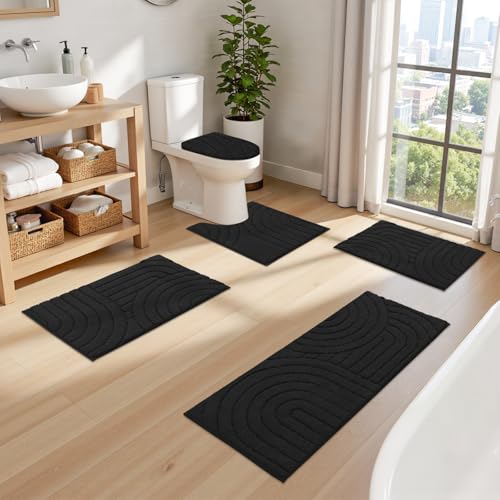 Pauwer Bathroom Rugs Sets 5 Piece, Absorbent Non Slip Bath Mat Set, Black | Machine Washable, Microfiber Plush, Quick Dry Runner, U Shaped Contour Toilet Rugs, Shower Mats and Toilet Lid Cover - color: Black