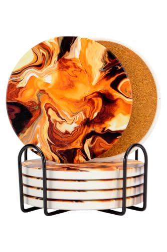 Ceramic Drink Coasters Set of 6 with Holder, Absorbent Coasters with Cork Backing for Coffee Table, Surface Protection, Home Decor and Housewarming Gift (Desert Caramel) - color: Desert Caramel