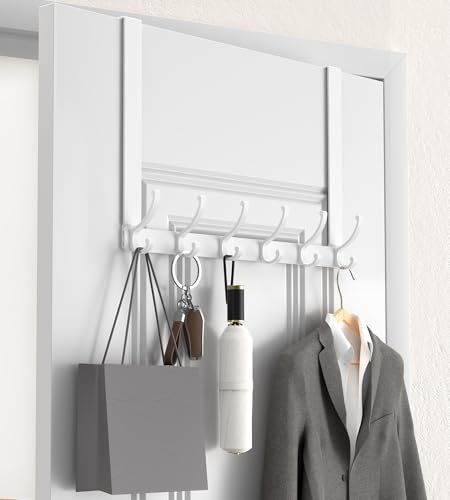 KitchLife Long Over The Door Hooks Hanger with 15.75" Extended Arms, Fits 1 3/4" Doors, F40U, 6 Double-Hanger Design Thickened Heavy Duty Bathroom Towel Rack Organization, Glossy White, 1 Pack - color: Glossy White, size: Fits 1 3/4" Doors with 15.75" Arm