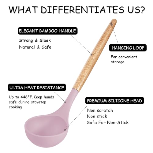 MIBOTE Silicone Cooking Kitchen Utensils Set, Wooden Handle, Pinky | BPA-Free, Non-Toxic Silicone Turner, Tongs, Spatula, Spoon Set – Great for Nonstick Cookware, Heat-Resistant, Easy Clean - color: Pinky