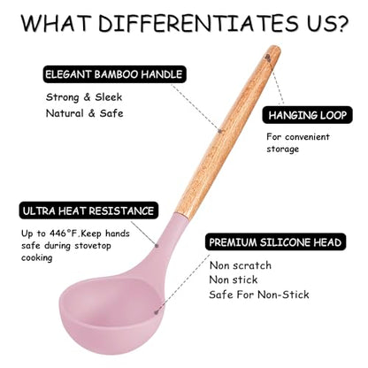 MIBOTE Silicone Cooking Kitchen Utensils Set, Wooden Handle, Pinky | BPA-Free, Non-Toxic Silicone Turner, Tongs, Spatula, Spoon Set – Great for Nonstick Cookware, Heat-Resistant, Easy Clean - color: Pinky