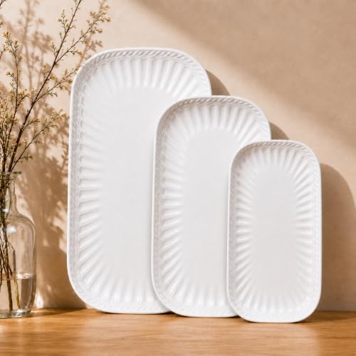 Ceramic Serving Platter, 10"/12"/14" Large Rectangular Serving Tray, White | Set of 3 Ceramic Trays, Microwave Dishwasher Safe, Serving Dishes for Entertaining, Everyday Meals, Holiday