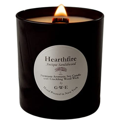 Hearthfire - Sandalwood Scented Soy Candle w/Natural Oils, Wood Wick, Smoky Dark Sweet, Made in The USA in Black Jar - Aromatherapy, Gifts for Housewarming, Birthday, Holidays, Sympathy, Men, Women