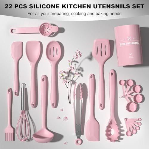 Umite Chef 22-Piece Silicone Cooking Utensils Set, Heat Resistant & Dishwasher Safe Kitchen Tools, Non-Scratch Spatula Set for Nonstick Cookware (Pink) - color: Pink