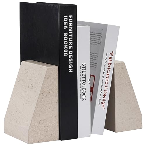 Marble Bookends for Shelves, 9Lbs Large Bookends for Heavy Books, Non-Slip Heavy Duty Book Stopper for CD/Movies, Aesthetic Decorative Bookends for Shelves Table Home Decor(Beige) - color: Beige