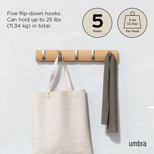 Umbra Flip 5 Wall Mounted Hook | Real wood and steel build, retractable hooks fold flat, holds coats bags and scarves, easy install - color: Natural, size: 5-Hook