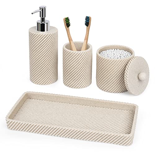 Beige Bathroom Accessories Set 4 Pcs - Toothbrush Holder,Lotion Soap Dispenser,Qtip Holder Dispenser,Vanity Tray for Countertop Vanity Organizer,Bathroom Accessory Set - color: Beige