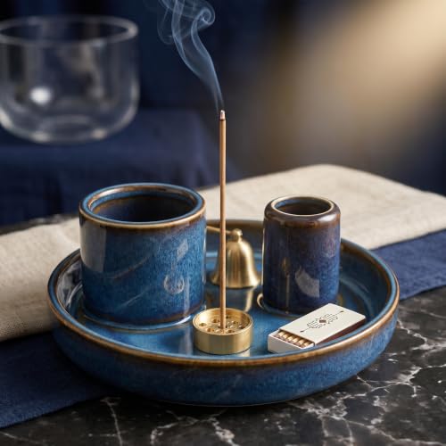 4 in 1 Ceramic Incense Holder, Multi-Function Incense Stick Palo Santo Sage Burner, Ash Catcher Tray for Meditation Yoga Room, Blue, 4.25 Inch