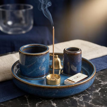 4 in 1 Ceramic Incense Holder, Multi-Function Incense Stick Palo Santo Sage Burner, Ash Catcher Tray for Meditation Yoga Room, Blue, 4.25 Inch