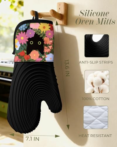 Slohif Long Silicone Oven Mitts Heat Resistant for Women - 2 Pcs Black Cat 100% Cotton Oven Gloves, Non-Slip and Waterproof Silicone Oven Mitts with Hanger for Baking and Cooking - color: Black