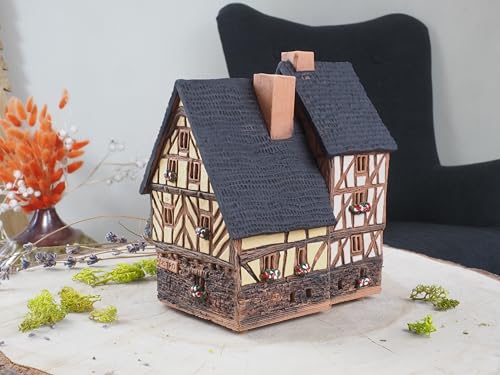 Ceramic Art Tealight Candle Holder Room Decoration Handcrafted Collectible Miniature Aroma Light House Traditional Half-Timbered Houses in The Old Town of Rennes, France B299AR*