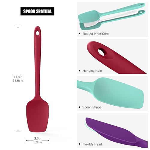 Doosu 600°F Heat Resistant Kitchen Tong for Cooking with Non-Scratch Silicone Tips (7in, Red) & 600°F Heat Resistant Silicone Spoon Spatula Set of 3 for Scooping Stirring Mixing (Red+Aqua+Purple)