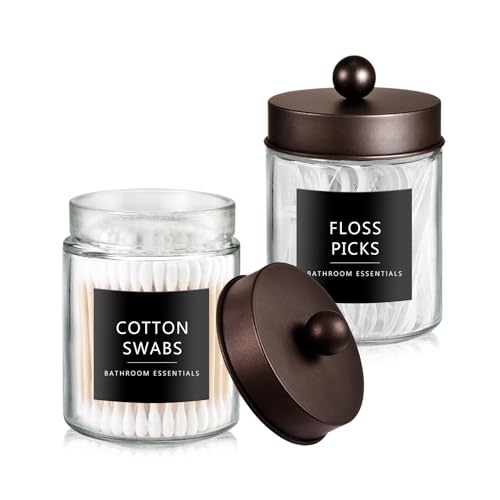 SheeChung 2 Pack Glass Qtip Holder with Bronze Stainless Steel Lids | Apothecary Jars with Stickers, Countertop Canister Guest Bathroom Storage Organizer Set for Cotton Swabs/Balls, Floss Picks - color: Bronze, size: 2 pack