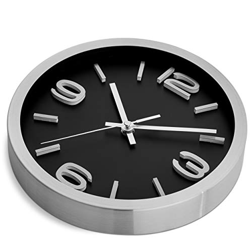 Bernhard Products Modern Wall Clock 10 Inch Black & Silver Silent Non Ticking Battery Operated Metal Round Elegant Quality Quartz, Kitchen Home Office Clock with 3D Numbers, Easy to Read - color: Silver & Jet Black