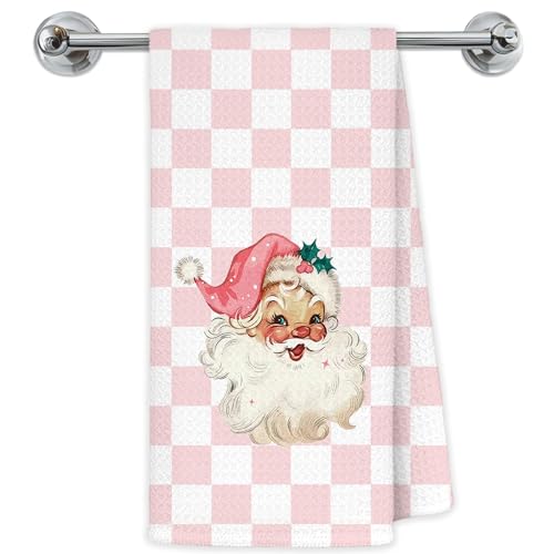 Vintage Santa Christmas Kitchen Towels, Preppy Pink Christmas Santa Dish Tea Towels for Kitchen Decor, Xmas Pink Checkered Decorative Hand Towel Bathroom Decor, 16x24 Inch - color: Coquette-towels-s