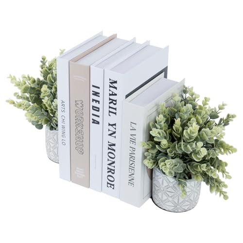 MyGift L Shaped Bookends with Faux Eucalyptus, Gray Concrete Pot, 2pc | Decorative bookends keep books upright while faux eucalyptus and an embossed planter add low-maintenance greenery to shelves - color: Artificial Eucalyptus
