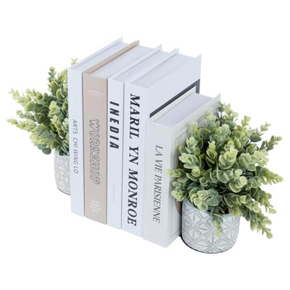 MyGift L Shaped Bookends with Faux Eucalyptus, Gray Concrete Pot, 2pc | Decorative bookends keep books upright while faux eucalyptus and an embossed planter add low-maintenance greenery to shelves - color: Artificial Eucalyptus
