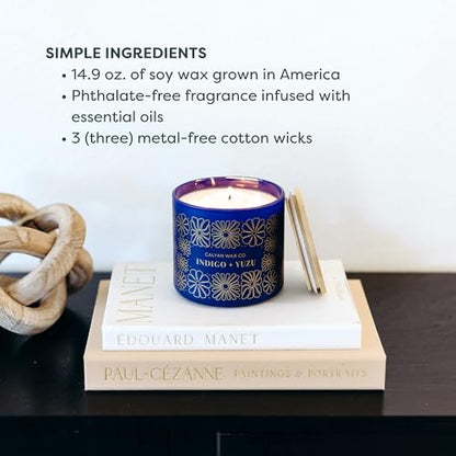 Indigo & Yuzu 3 Wick Scented Candle - 43 Hour Burn | Made in the USA Luxury Clean Soy Wax Candles - Long Lasting Large Glass Jar Candle for Home - 3 Wicks - 14.9oz - color: Indigo + Yuzu