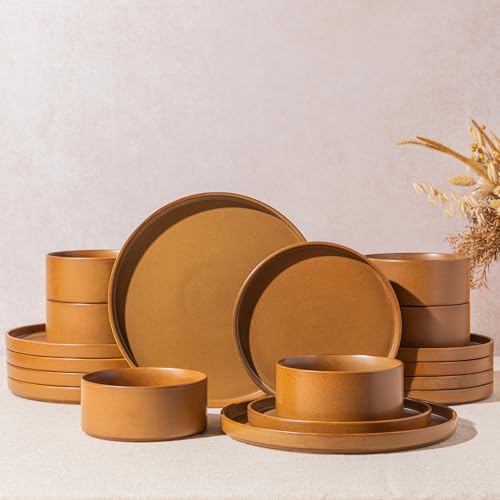 LERATIO Stoneware Dinnerware Sets for 4,12-Piece Matte Plates and Bowls Set | Handmade High Edge Rim Dish Set,Oven & Microwave,Dishwasher Safe,Scratch Resistant--Caramel - color: Caramel, size: Service for 4